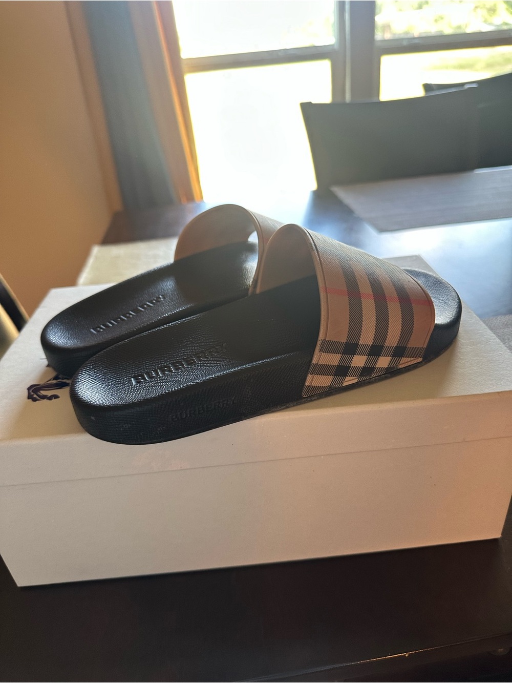 Burberry Black Footbed Plaid Slide Sandals